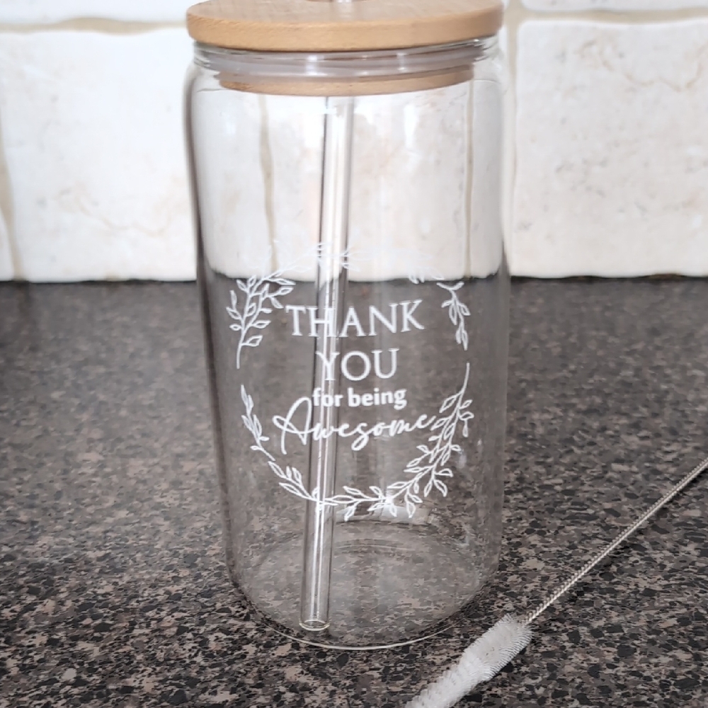 NEW! Drinking Glass With Bamboo Lid & Glass Straw. Cleaning Brush.